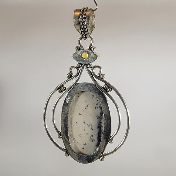 Dendritic Opal Pendant – With Citrine Accent + 20" Sterling Silver Snake Chain - Picture 2 of 10